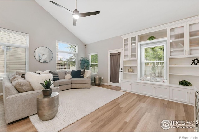641 Babine Ct, Windsor, CO 80550 - living room with high vaulted ceiling, light wood finished floors, a ceiling fan, and healthy amount of natural light