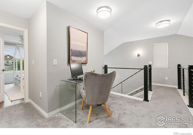 641 Babine Ct, Windsor, CO 80550 - home office featuring carpet and vaulted ceiling