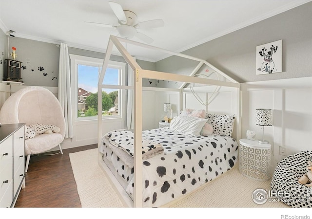 641 Babine Ct, Windsor, CO 80550 - bedroom with crown molding, dark wood-style floors, and ceiling fan