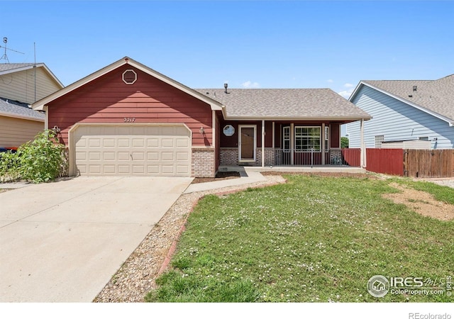 2217 Waylon Dr, Johnstown, CO 80534 - ranch-style house featuring a porch, a garage, concrete driveway, brick siding, and roof with shingles