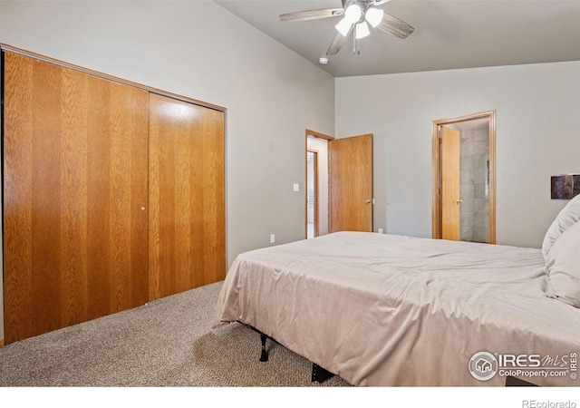 2217 Waylon Dr, Johnstown, CO 80534 - bedroom with lofted ceiling, carpet flooring, a closet, and ceiling fan