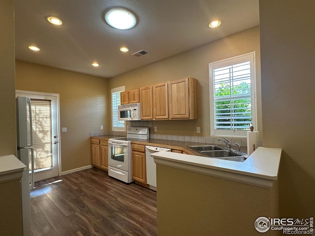 1238 Finch St, Loveland, CO 80537 - kitchen featuring white appliances, dark wood finished floors, light brown cabinets, recessed lighting, and light countertops