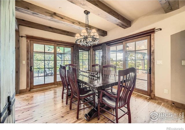 8576 Niwot Meadow Farm Rd, Niwot, CO 80503 - dining space featuring light wood finished floors, a chandelier, and beamed ceiling