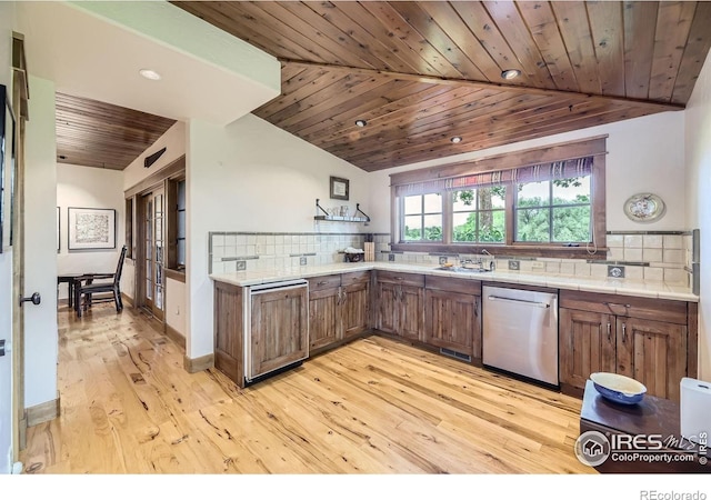 8576 Niwot Meadow Farm Rd, Niwot, CO 80503 - kitchen with stainless steel dishwasher, wooden ceiling, light wood-style floors, decorative backsplash, and lofted ceiling