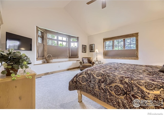8576 Niwot Meadow Farm Rd, Niwot, CO 80503 - bedroom featuring carpet floors, ceiling fan, and high vaulted ceiling