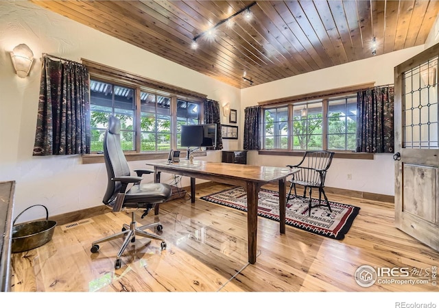 8576 Niwot Meadow Farm Rd, Niwot, CO 80503 - office area with wood finished floors and wooden ceiling