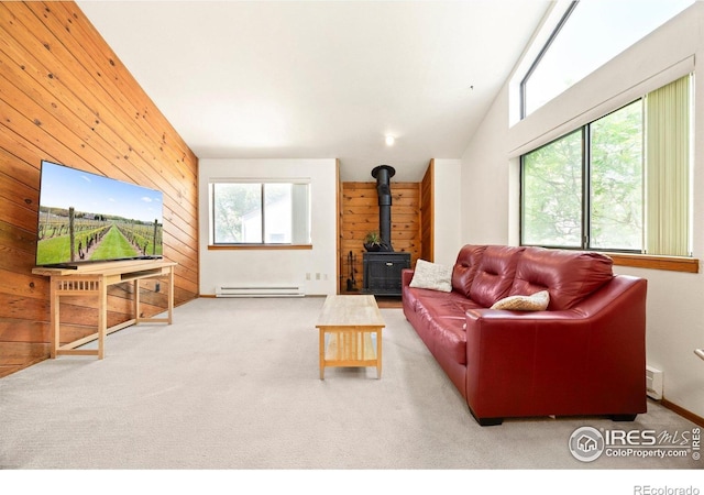 4717 Tantra Dr Unit G, Boulder, CO 80305 - carpeted living area with a wood stove, wood walls, plenty of natural light, baseboard heating, and lofted ceiling