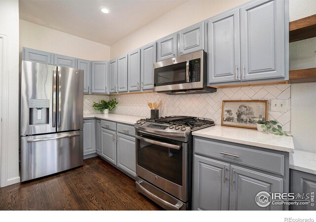 702 Cairnes Dr Unit B4, Fort Collins, CO 80524 - kitchen with stainless steel appliances, gray cabinetry, dark wood-style flooring, and recessed lighting