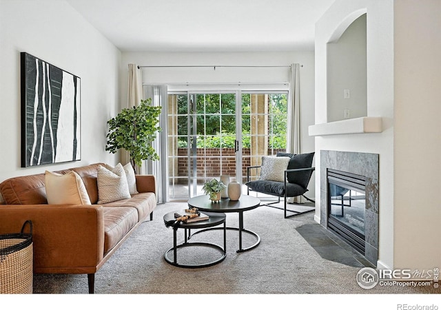 530 Mohawk Dr Unit 73, Boulder, CO 80303 - living area with carpet, a fireplace, and arched walkways