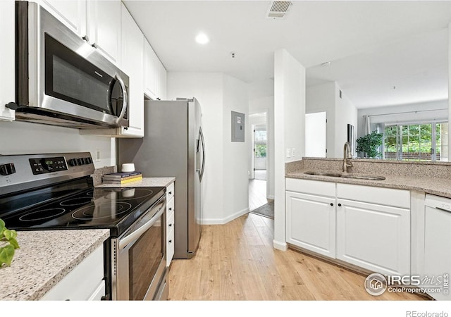 530 Mohawk Dr Unit 73, Boulder, CO 80303 - kitchen with appliances with stainless steel finishes, light wood-type flooring, white cabinetry, light stone counters, and recessed lighting