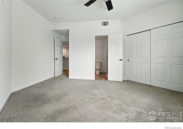530 Mohawk Dr Unit 73, Boulder, CO 80303 - unfurnished bedroom with carpet flooring, a closet, connected bathroom, and a ceiling fan