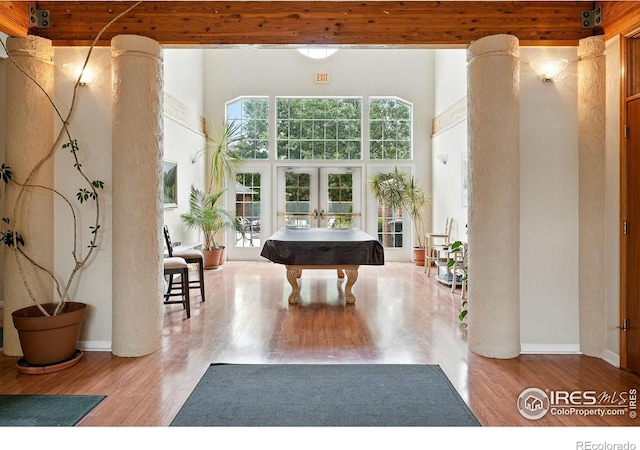 530 Mohawk Dr Unit 73, Boulder, CO 80303 - game room featuring wood finished floors, billiards, french doors, and a towering ceiling