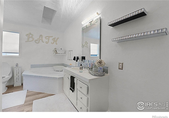2036 1st Ave Unit 437, Greeley, CO 80631 - full bath with wood finished floors, a garden tub, vanity, a textured ceiling, and vaulted ceiling