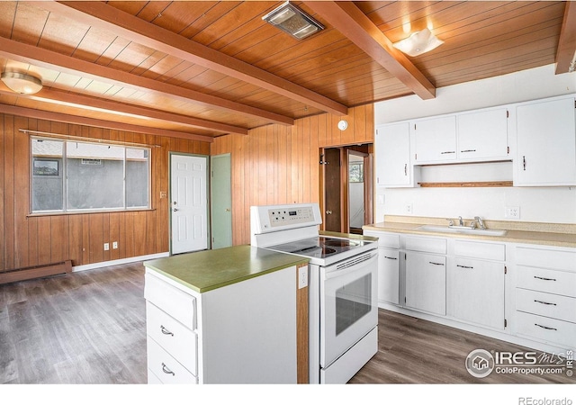 5017 Overhill Dr, Fort Collins, CO 80526 - kitchen with white range with electric cooktop, dark wood-style floors, a wood ceiling with exposed beams, open shelves, and wood walls
