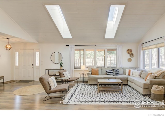 30795 W Ridge Rd, Buena Vista, CO 81211 - living area with a skylight, high vaulted ceiling, wood finished floors, and a chandelier