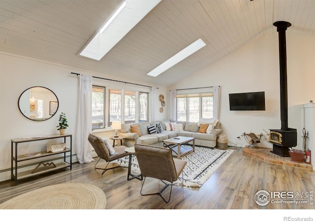 30795 W Ridge Rd, Buena Vista, CO 81211 - living area with a wood stove, a skylight, wood finished floors, high vaulted ceiling, and baseboard heating