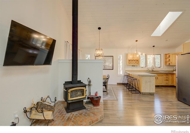 30795 W Ridge Rd, Buena Vista, CO 81211 - living room featuring a wood stove, wood finished floors, and a skylight