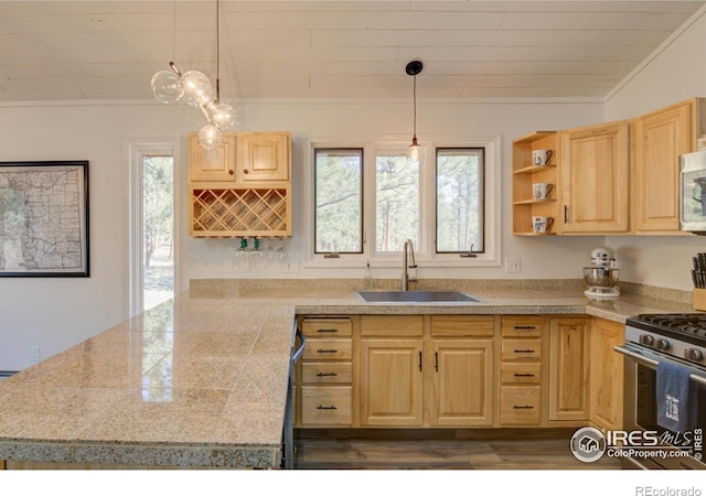 30795 W Ridge Rd, Buena Vista, CO 81211 - kitchen with light brown cabinetry, tile countertops, appliances with stainless steel finishes, a peninsula, and wood ceiling