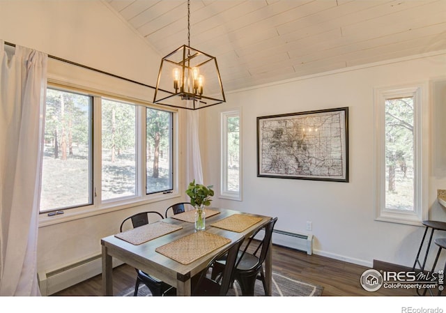 30795 W Ridge Rd, Buena Vista, CO 81211 - dining space featuring vaulted ceiling, a chandelier, wood ceiling, a baseboard heating unit, and dark wood-style floors