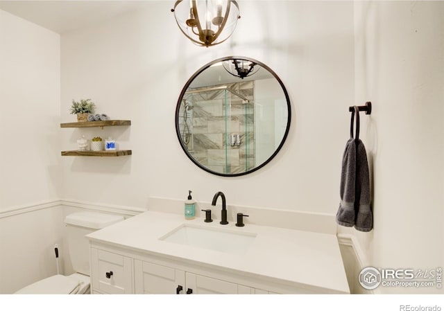 30795 W Ridge Rd, Buena Vista, CO 81211 - full bathroom featuring vanity, a stall shower, and a chandelier
