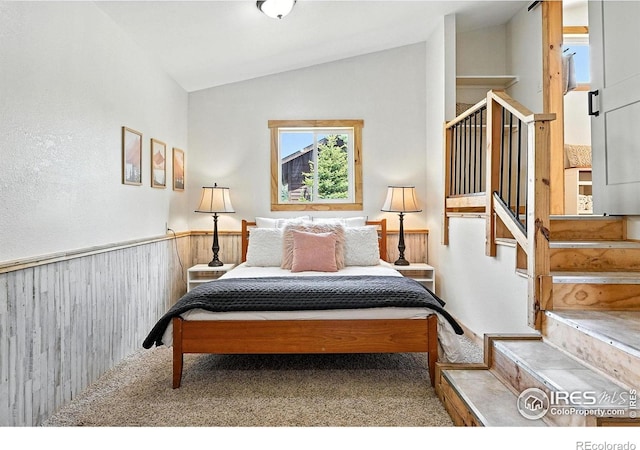 181 County Road 874, Tabernash, CO 80478 - carpeted bedroom with lofted ceiling, a wainscoted wall, and wood walls
