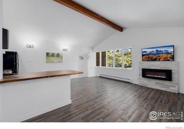 37 Wagner Cir, Boulder, CO 80304 - unfurnished living room with baseboard heating, a glass covered fireplace, and dark wood-style floors
