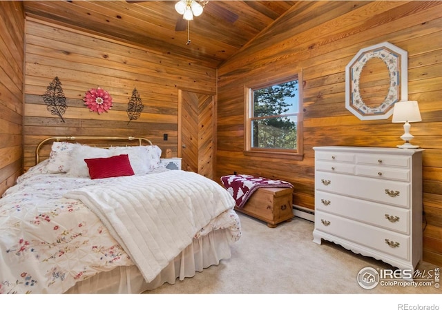 451 Newell Dr, Loveland, CO 80537 - bedroom featuring lofted ceiling, light colored carpet, wood walls, and wood ceiling