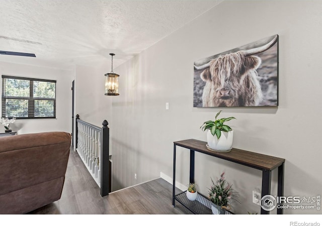 607 42nd Ave, Greeley, CO 80634 - hallway with an upstairs landing, a textured ceiling, wood finished floors, and a chandelier