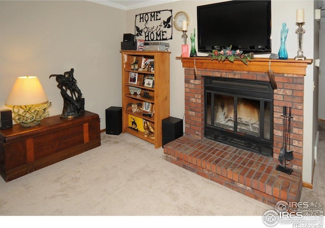 933 E Prospect Rd Unit A, Fort Collins, CO 80525 - carpeted living room with crown molding and a fireplace