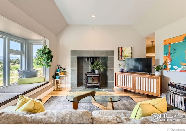 4815 Sugarloaf Rd, Boulder, CO 80302 - living room with a wood stove, wood finished floors, and lofted ceiling