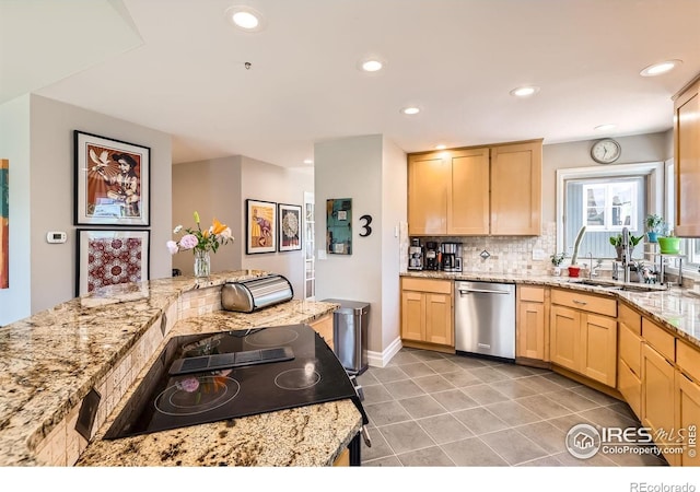 4815 Sugarloaf Rd, Boulder, CO 80302 - kitchen with dishwasher, light brown cabinets, stovetop with downdraft, decorative backsplash, and recessed lighting