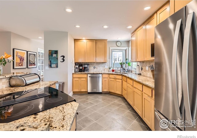 4815 Sugarloaf Rd, Boulder, CO 80302 - kitchen featuring appliances with stainless steel finishes, light brown cabinets, backsplash, recessed lighting, and light tile patterned floors