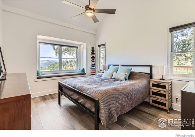 4815 Sugarloaf Rd, Boulder, CO 80302 - bedroom with wood finished floors, lofted ceiling, and a ceiling fan