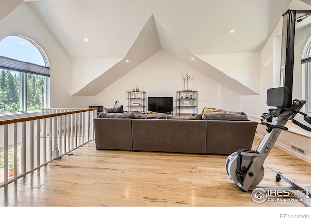 4815 Sugarloaf Rd, Boulder, CO 80302 - living room featuring light wood finished floors, recessed lighting, and vaulted ceiling