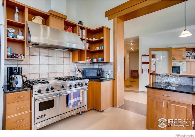 193 2nd Ave Unit A, Lyons, CO 80540 - kitchen featuring range with two ovens, open shelves, ventilation hood, black microwave, and decorative backsplash