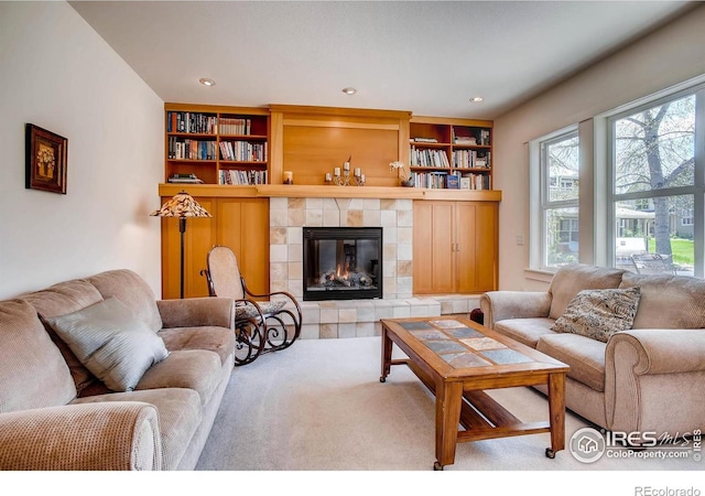 193 2nd Ave Unit A, Lyons, CO 80540 - carpeted living room with a fireplace and built in features