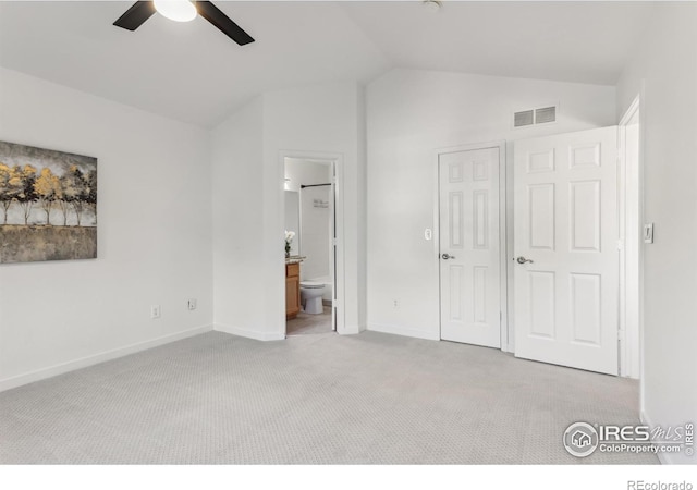 1993 S Fork Dr, Lafayette, CO 80026 - unfurnished bedroom featuring lofted ceiling, light carpet, ensuite bathroom, and a ceiling fan