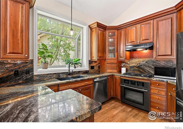 388 Fairfield Ln, Louisville, CO 80027 - kitchen featuring stainless steel dishwasher, wall oven, under cabinet range hood, lofted ceiling, and light wood-style floors