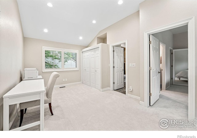 388 Fairfield Ln, Louisville, CO 80027 - home office featuring carpet floors, vaulted ceiling, and recessed lighting