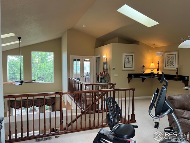 1402 Westfield Dr, Fort Collins, CO 80526 - workout room featuring lofted ceiling, carpet floors, and a skylight