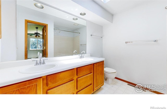 2027 Churchill Ct, Fort Collins, CO 80526 - full bathroom with double vanity, tile patterned floors, a shower, a ceiling fan, and recessed lighting