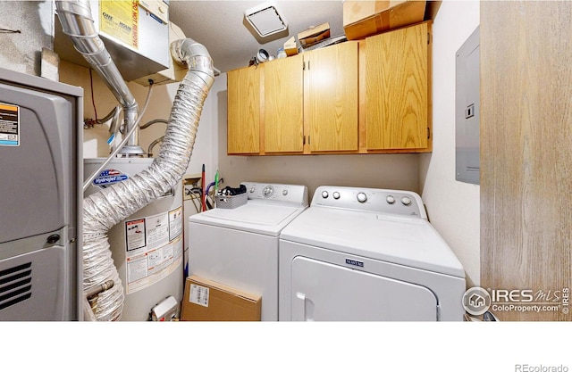 2027 Churchill Ct, Fort Collins, CO 80526 - laundry room with cabinet space, washing machine and dryer, water heater, and electric panel
