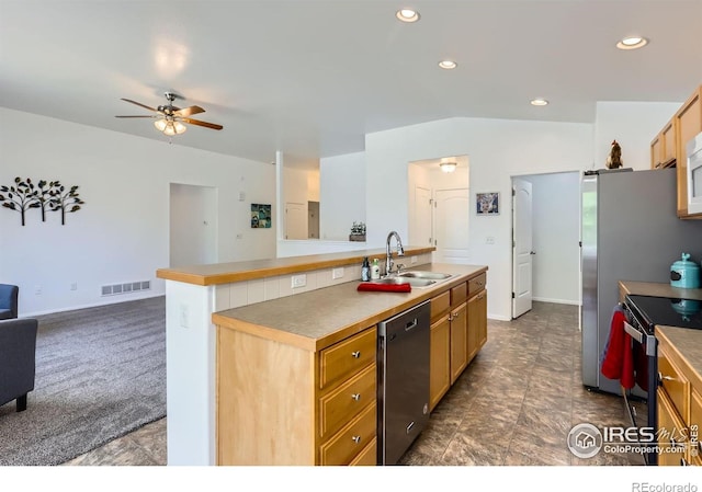 2244 Woodbury Ln, Fort Collins, CO 80524 - kitchen with stainless steel dishwasher, electric stove, open floor plan, ceiling fan, and recessed lighting
