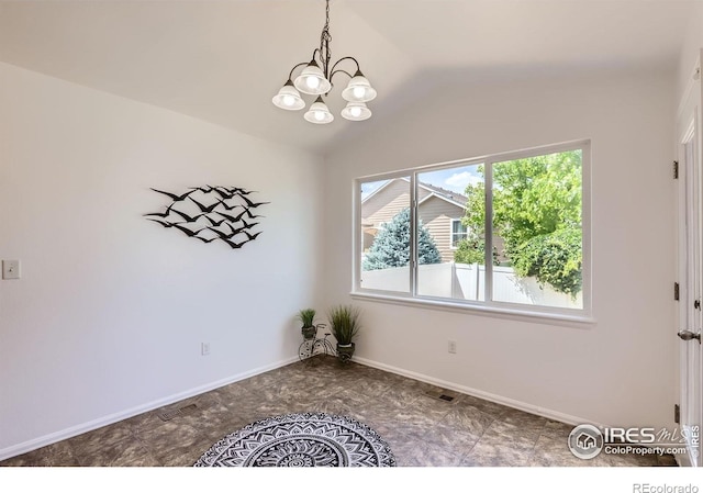2244 Woodbury Ln, Fort Collins, CO 80524 - unfurnished dining area with a chandelier and vaulted ceiling