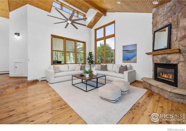 4223 Eldorado Springs Dr, Boulder, CO 80303 - living room with high vaulted ceiling, a wooden ceiling with exposed beams, a fireplace, hardwood / wood-style flooring, and baseboard heating