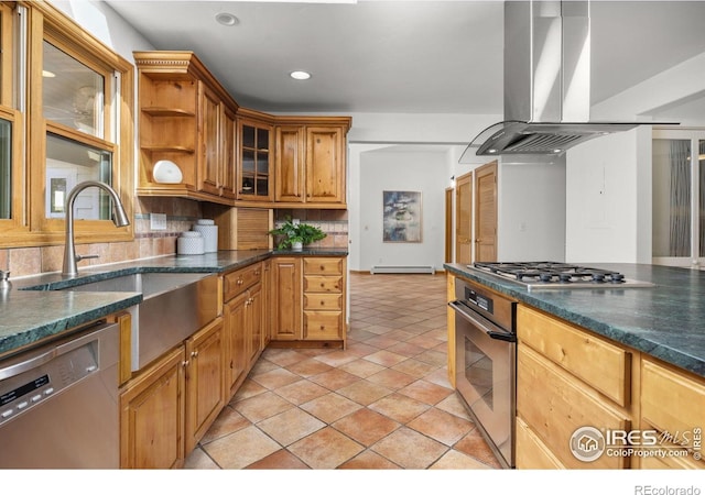 4223 Eldorado Springs Dr, Boulder, CO 80303 - kitchen with island range hood, stainless steel appliances, a baseboard heating unit, backsplash, and open shelves