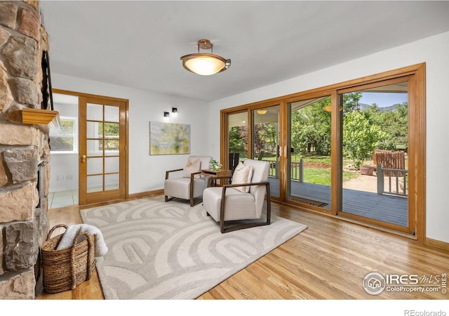 4223 Eldorado Springs Dr, Boulder, CO 80303 - living room featuring wood finished floors, a stone fireplace, and french doors
