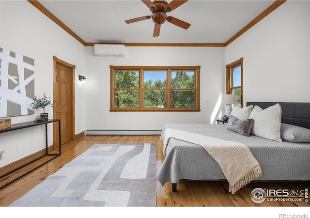 4223 Eldorado Springs Dr, Boulder, CO 80303 - bedroom featuring an AC wall unit, a baseboard heating unit, ornamental molding, hardwood / wood-style flooring, and ceiling fan