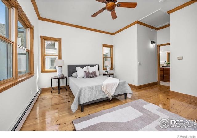 4223 Eldorado Springs Dr, Boulder, CO 80303 - bedroom with baseboard heating, light wood-style floors, ornamental molding, and a ceiling fan