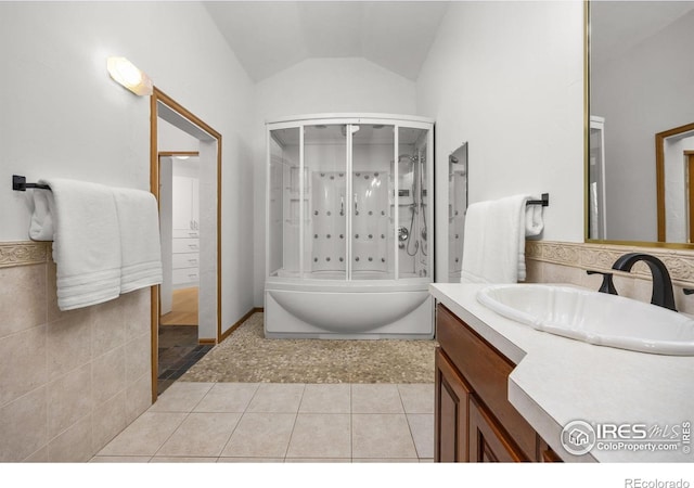 4223 Eldorado Springs Dr, Boulder, CO 80303 - bathroom with an enclosed shower, vanity, a tub to relax in, lofted ceiling, and tile patterned flooring